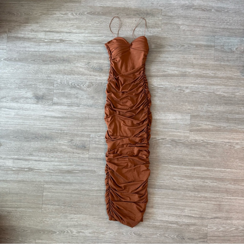 NWOT Oh Polly Ruched Maxi Dress in Tofee, Size 2